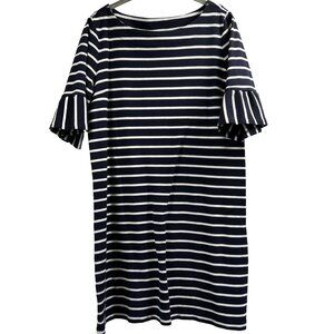 Talbots Women's Dress Size M Black White Stripe Stretch Short Sheath Bell Sleeve